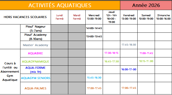 Planning piscine hor vacances scolaires 26