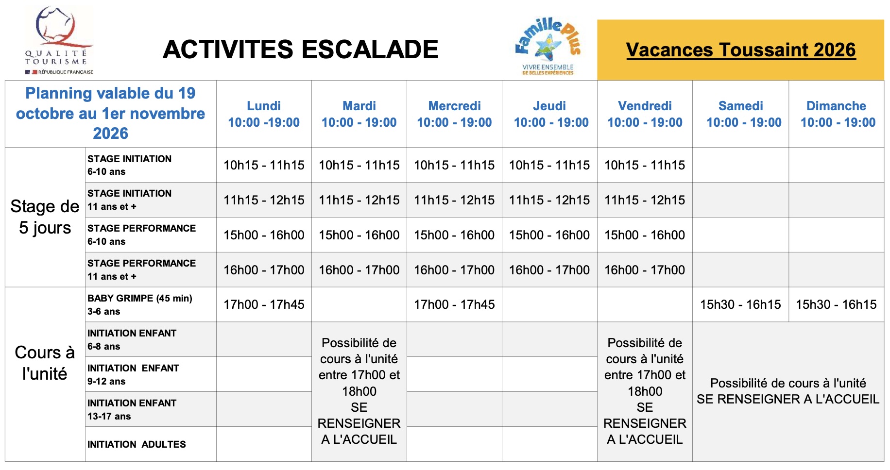 planning escalade toussaint2026